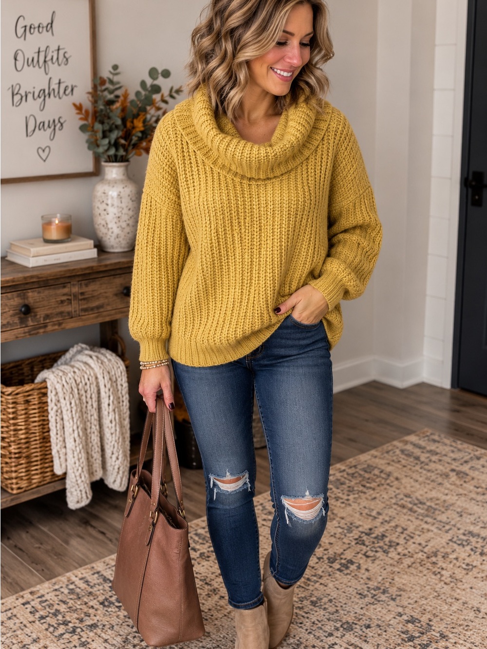 moon & madison Mustard Cowl Neck Ribbed Sweater